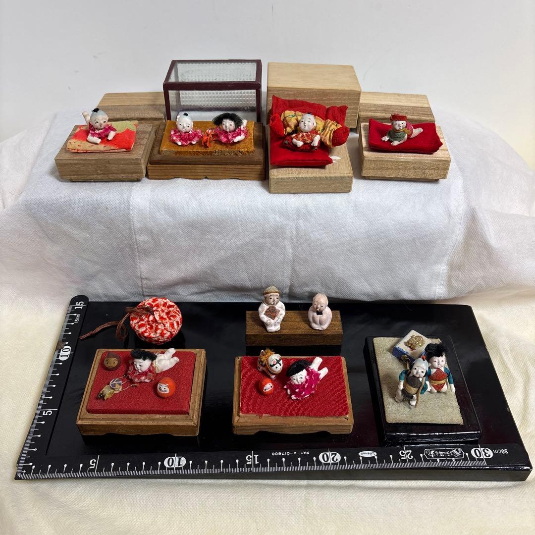 アンティーク、はいはい人形、童子こま犬、達磨ガラスケース大正昭和初期まとめて