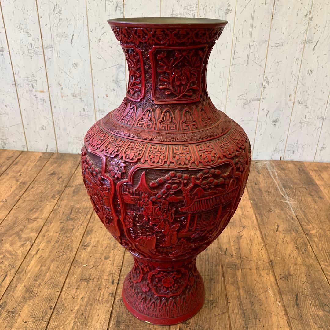 中国 美術 骨董 堆朱 壺 赤壺 工芸品 民芸品 彫刻 花柄 花瓶 花器 置物
