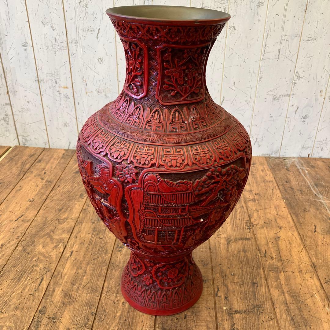 中国 美術 骨董 堆朱 壺 赤壺 工芸品 民芸品 彫刻 花柄 花瓶 花器 置物