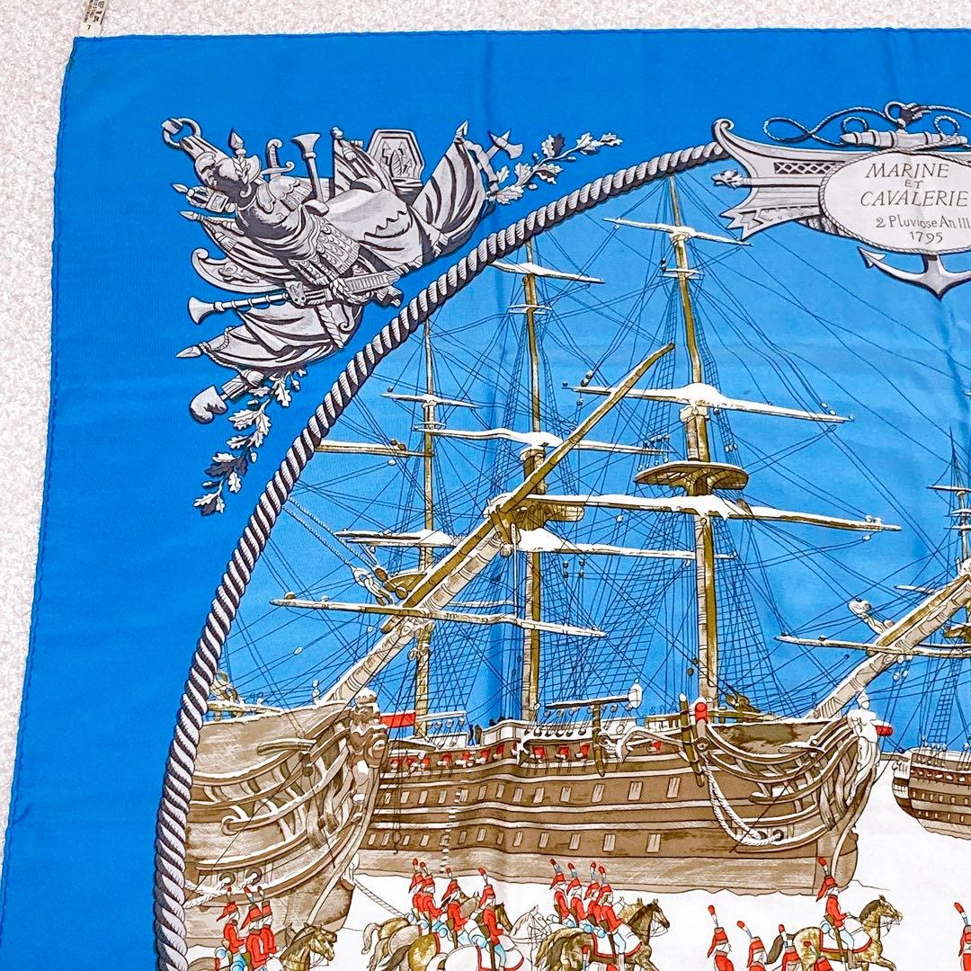 エルメス Hermès スカーフ カレ90 マリンエカヴァルリー 青 シルク