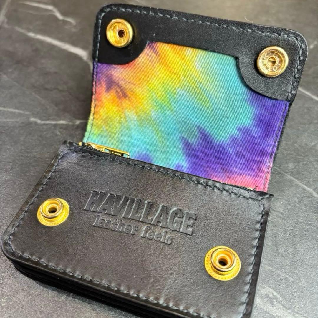 ショートトラッカーウォレット　レザー ミニ財布 黒・タイダイ　ハンドメイド