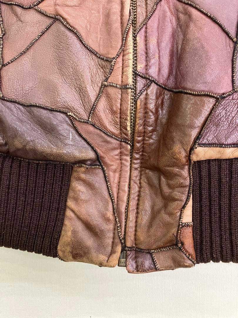 Y2K パッチワーク レザー ジャケット ブラウン 古着 裏地ファー