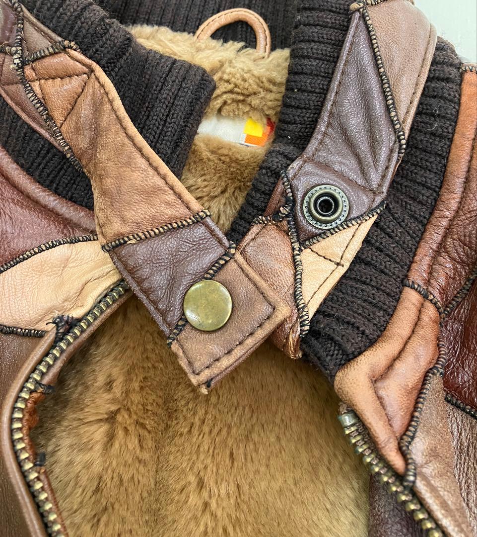 Y2K パッチワーク レザー ジャケット ブラウン 古着 裏地ファー