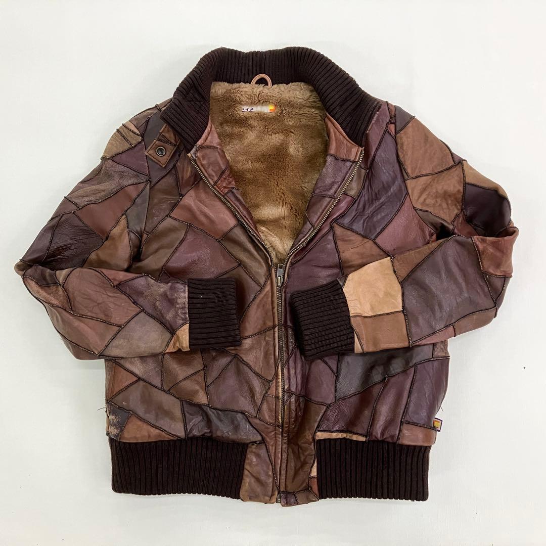 Y2K パッチワーク レザー ジャケット ブラウン 古着 裏地ファー