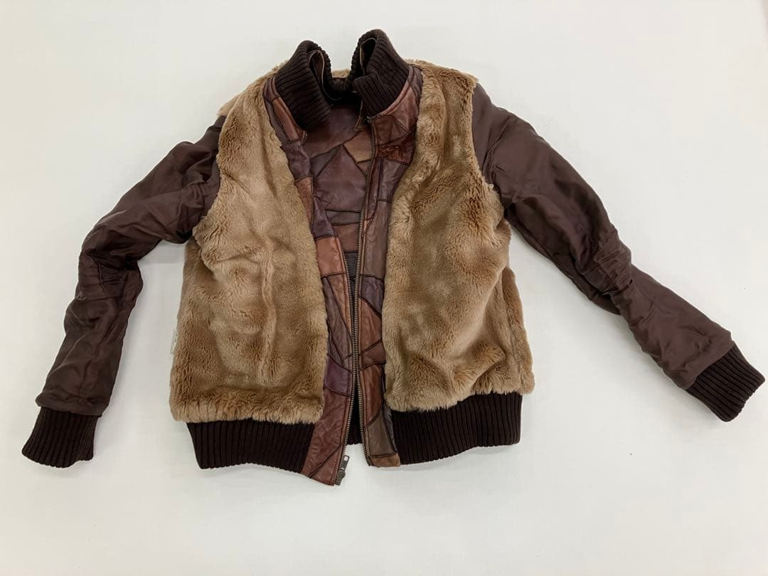 Y2K パッチワーク レザー ジャケット ブラウン 古着 裏地ファー