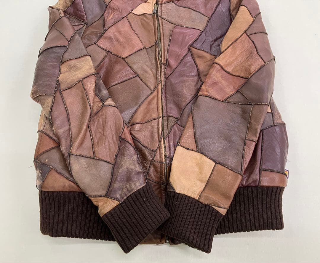 Y2K パッチワーク レザー ジャケット ブラウン 古着 裏地ファー