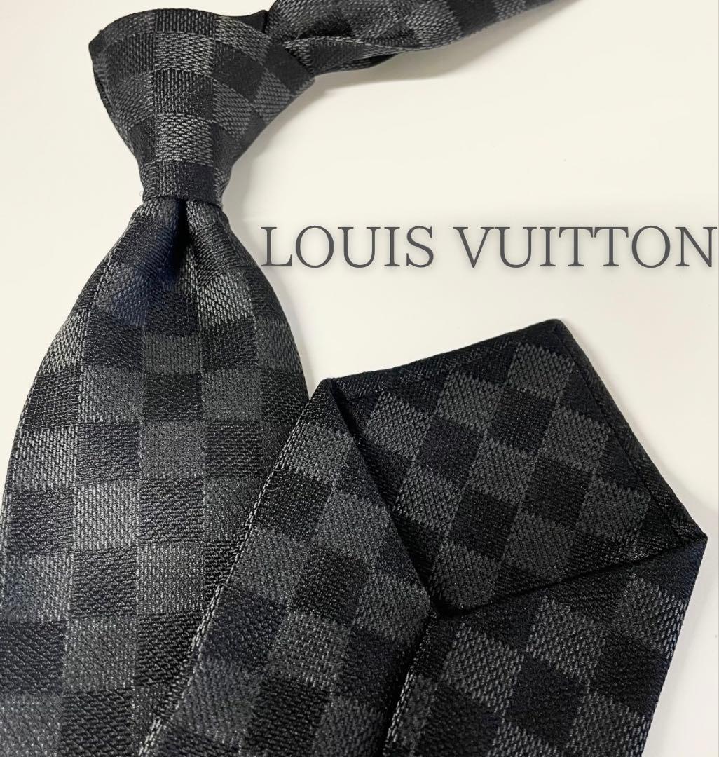 美品 ルイヴィトン ネクタイ ハイブランド ダミエ ジャガード グレー