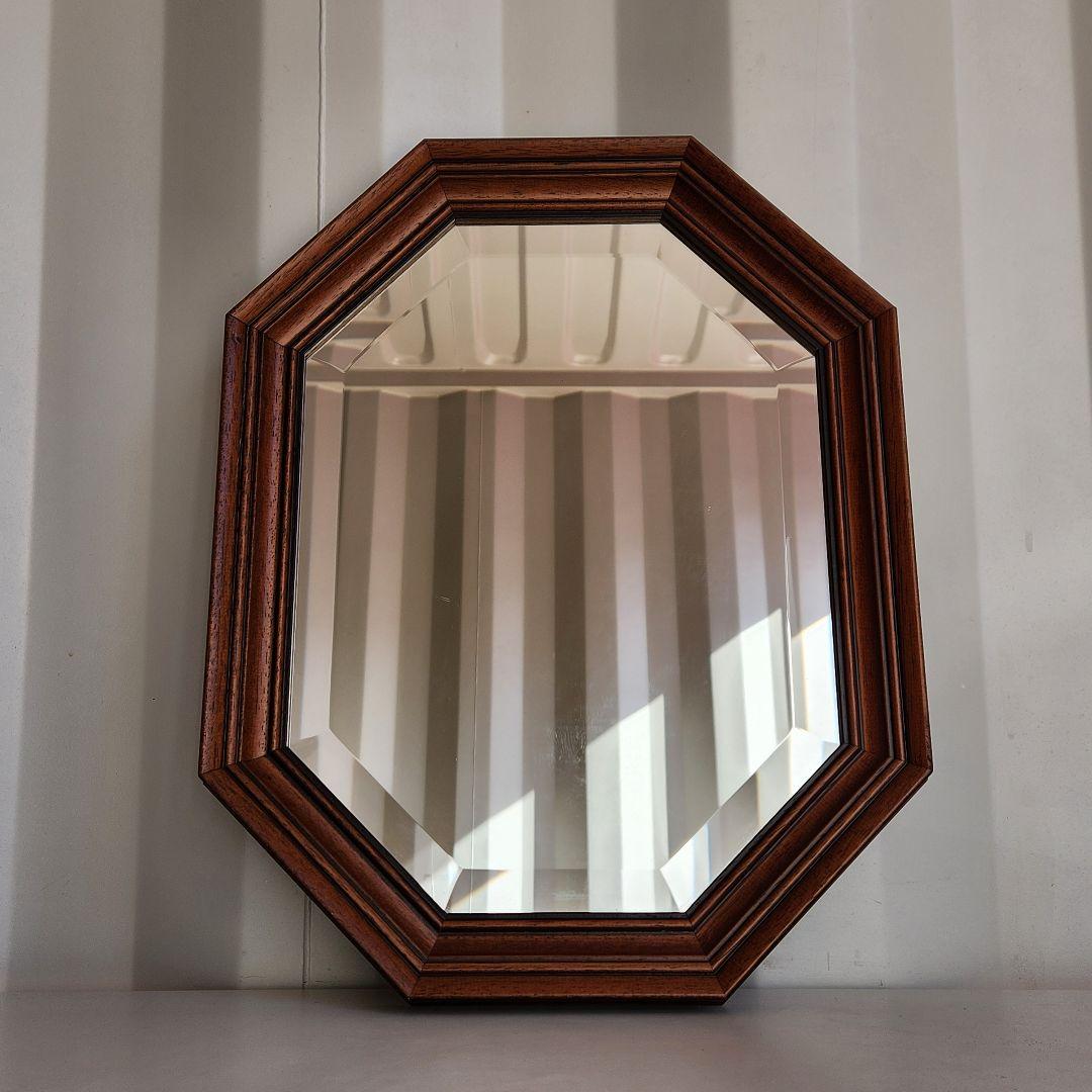イタリア製　ヴィンテージ　ウォールナット　8角形　ウォールミラー 壁掛け鏡