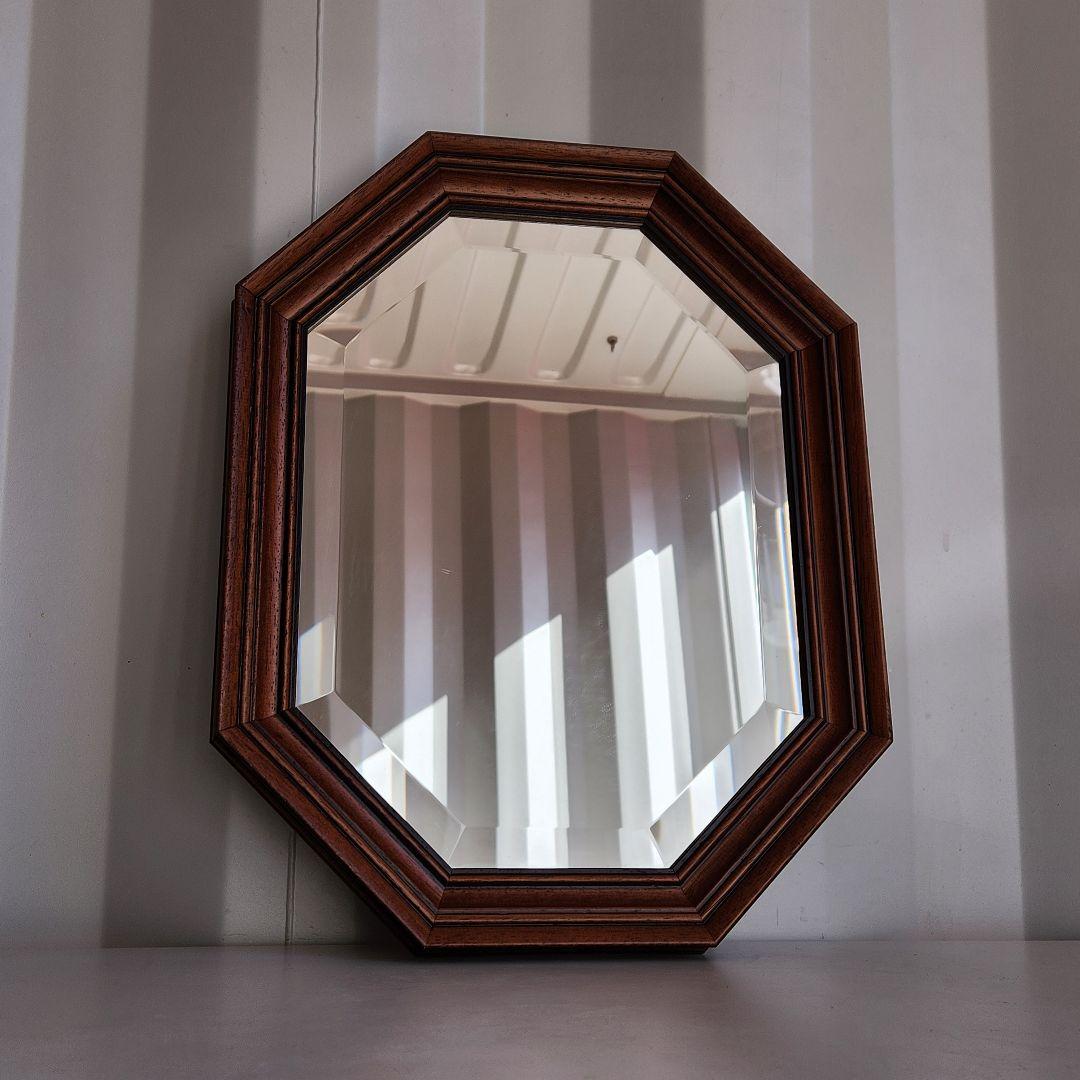 イタリア製　ヴィンテージ　ウォールナット　8角形　ウォールミラー 壁掛け鏡
