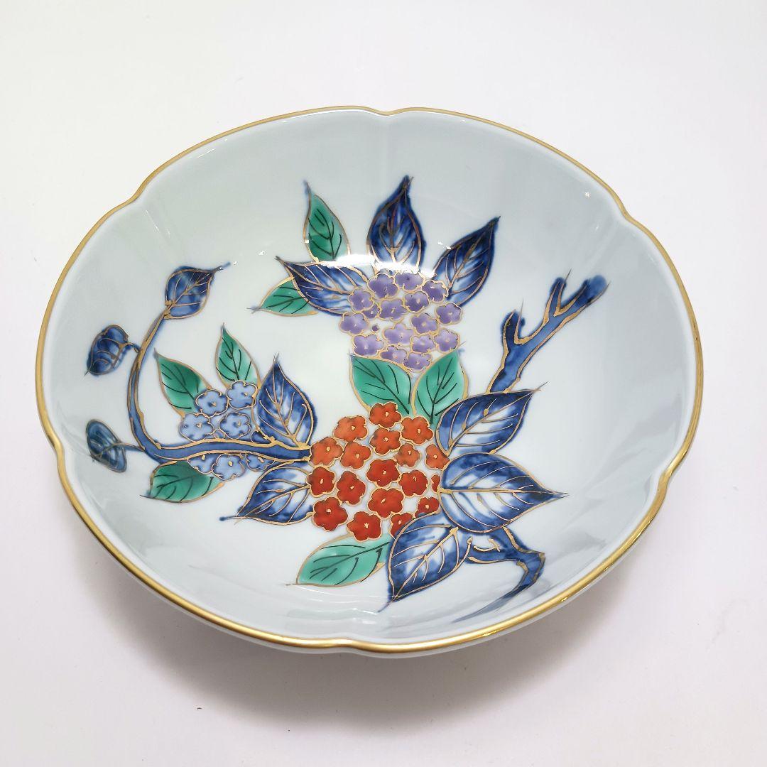 Y3311-3 大明年製 染錦紫陽花文輪花絵鉢 5枚セット 共箱