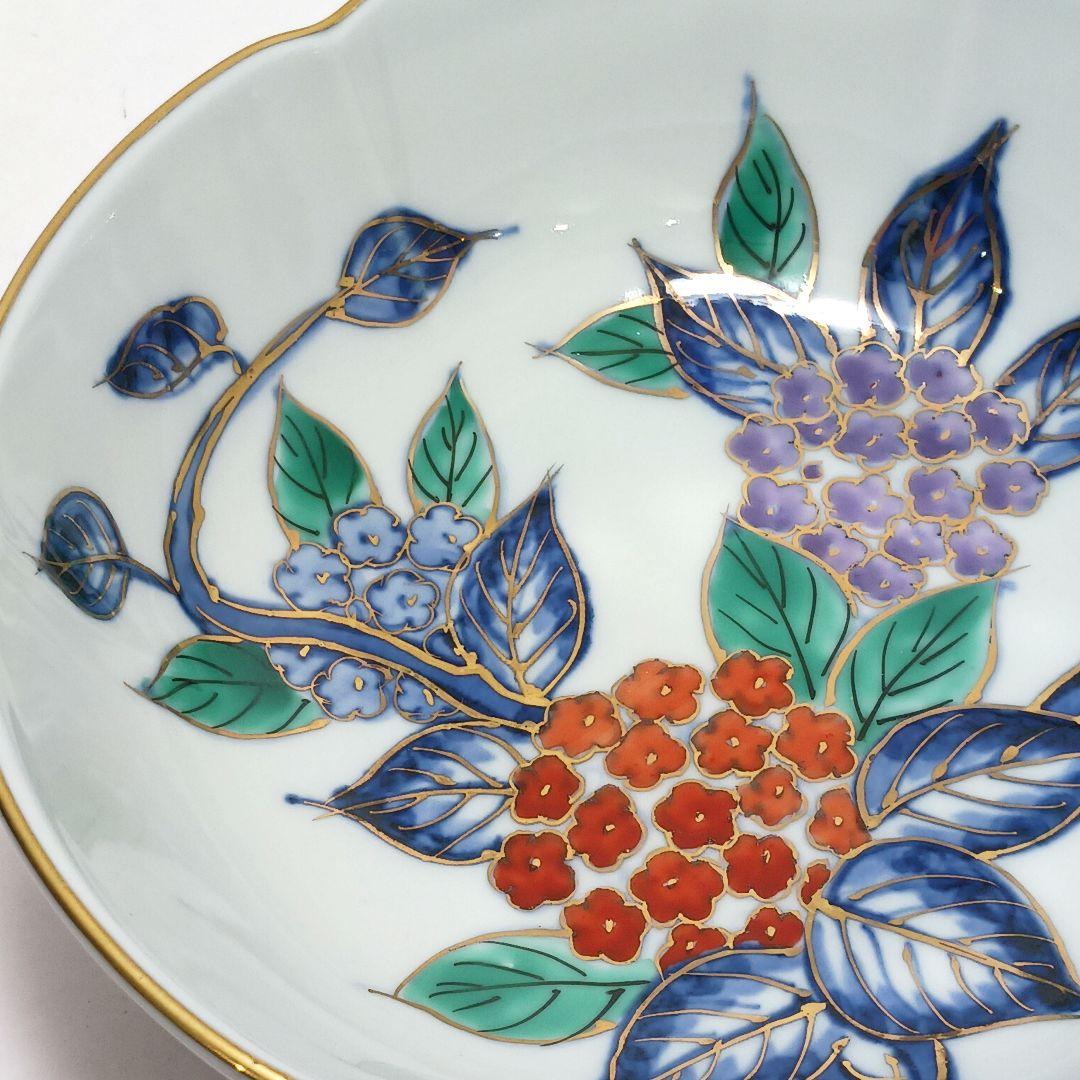 Y3311-3 大明年製 染錦紫陽花文輪花絵鉢 5枚セット 共箱