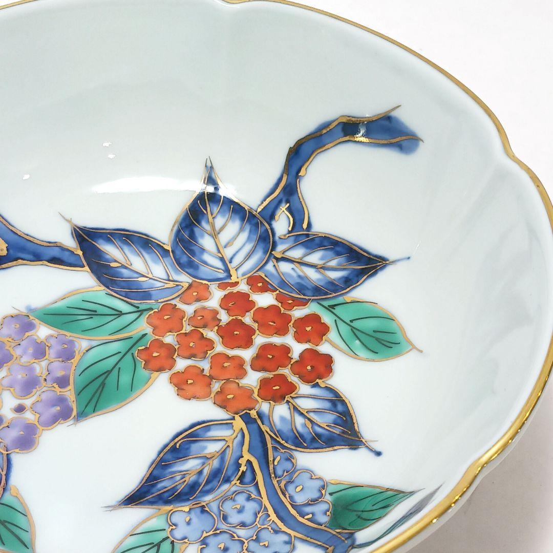 Y3311-3 大明年製 染錦紫陽花文輪花絵鉢 5枚セット 共箱