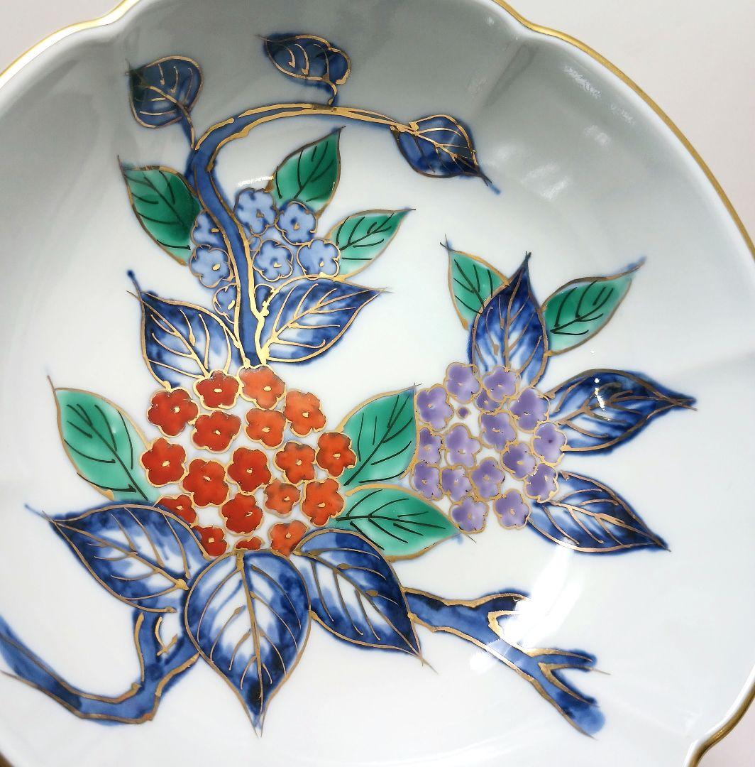Y3311-3 大明年製 染錦紫陽花文輪花絵鉢 5枚セット 共箱