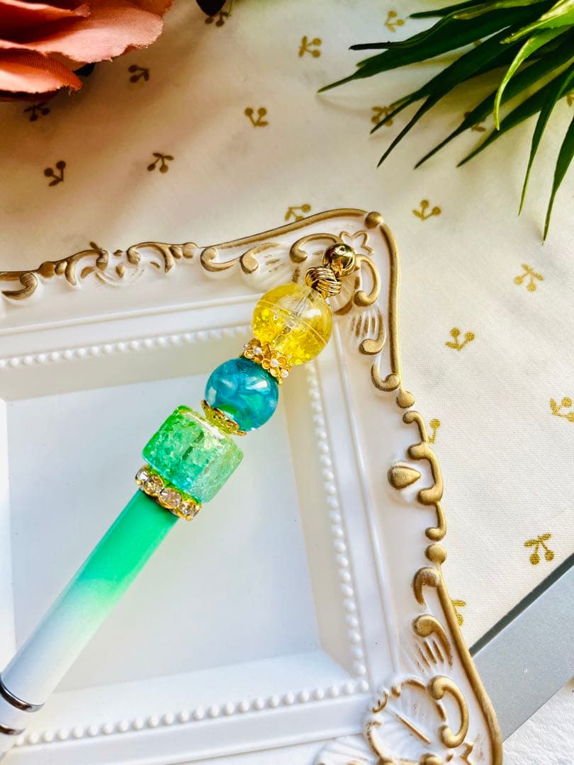 NO.384 カスタムボールペンandタッチペン　グリーン　ウォータービーズ