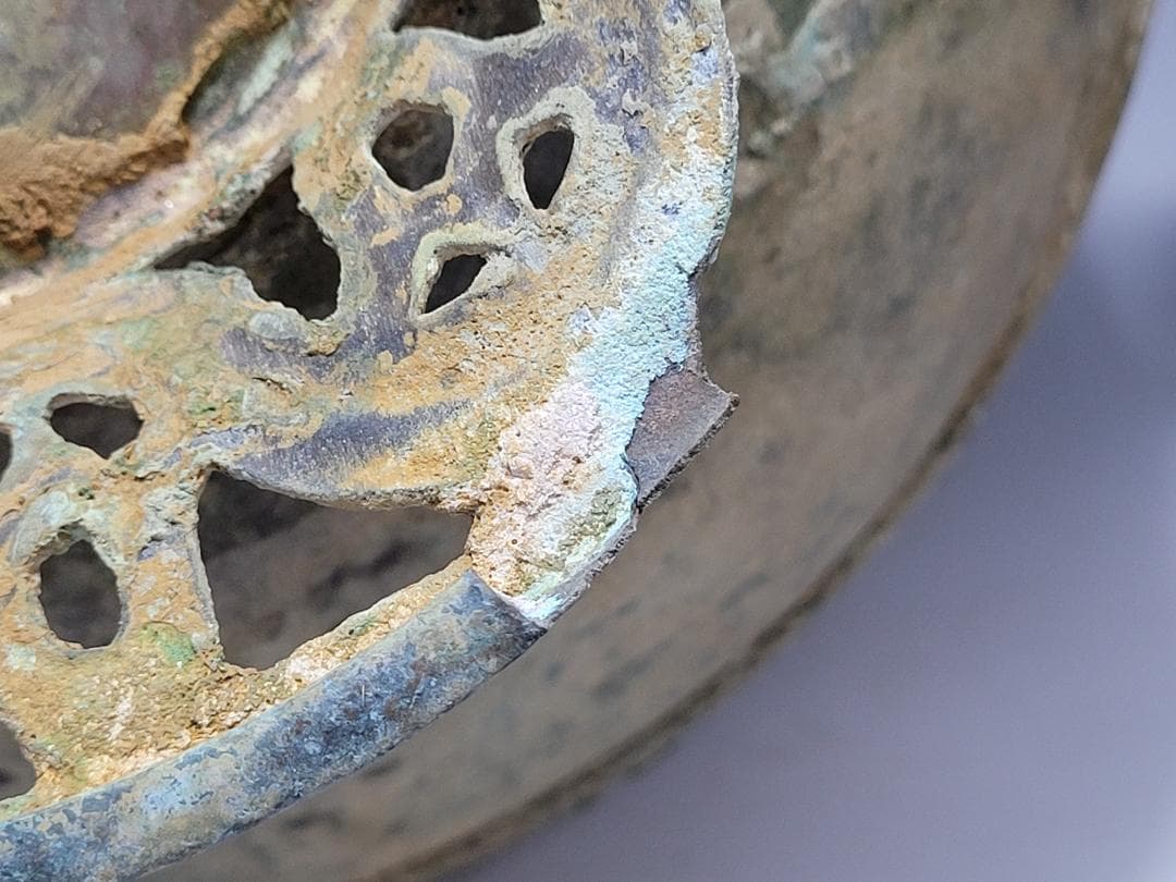 古青銅造 饕餮紋 神獣蓋、両耳装飾 香炉 唐宋時代 幅約36.3cm