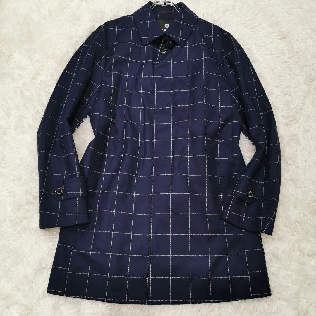 極美品 ブラックレーベルクレストブリッジ チェック ステンカラーコート 紺 M