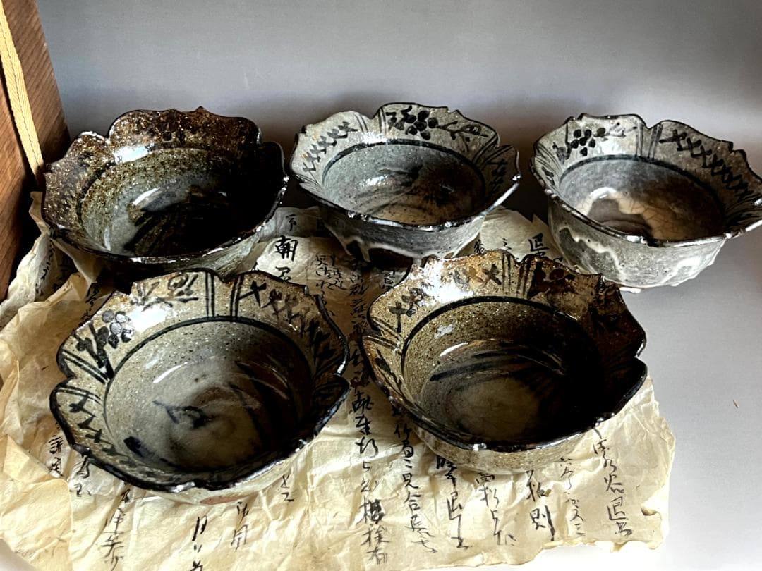 鉢■古唐津向付 5客 粉引絵唐津 菖蒲 花形 割山椒 古美術 時代物 骨董品■