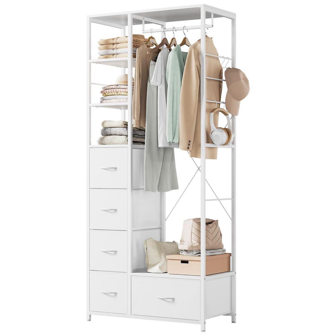 ハンガーラック 引き出し付き 80×40×183cm 耐荷重200kg ホワイト