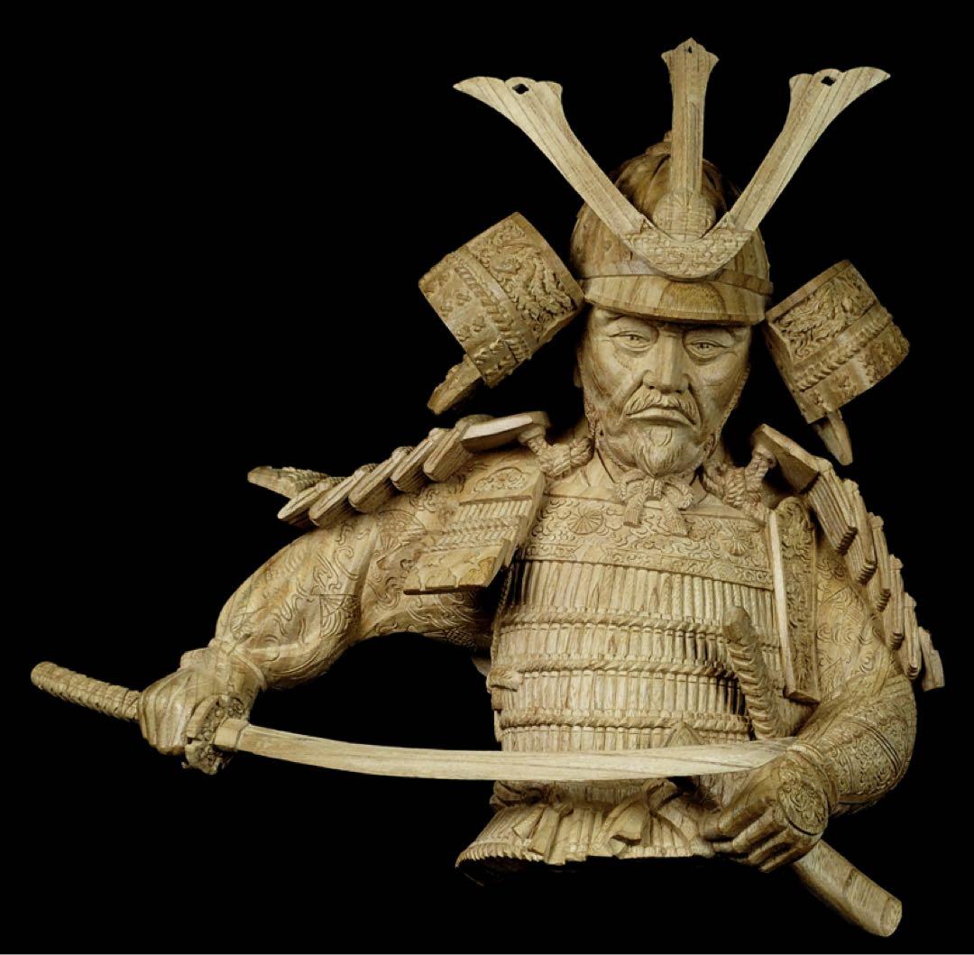 楠木正成像　SHOGUN 将軍　戦国時代　木彫作品　壁掛け　箱あり　サムライ