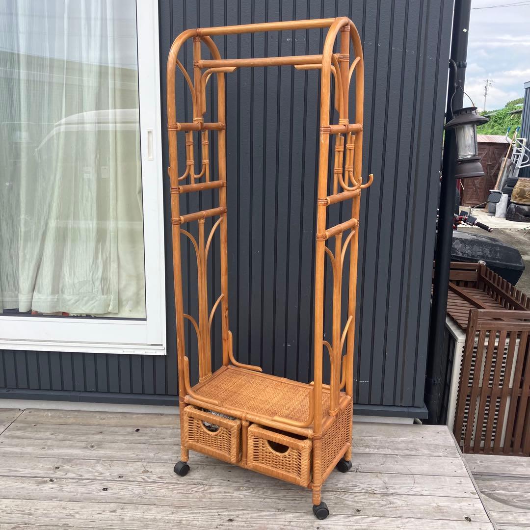 昭和レトロ アーチ型 ラタンハンガーラック 籐家具 花柄カバー付き 古家具