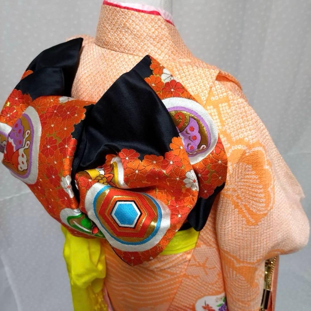 七五三　7歳　着物セット　豪華総絞り風柄　 長襦袢、袋帯、小物セット18ー11