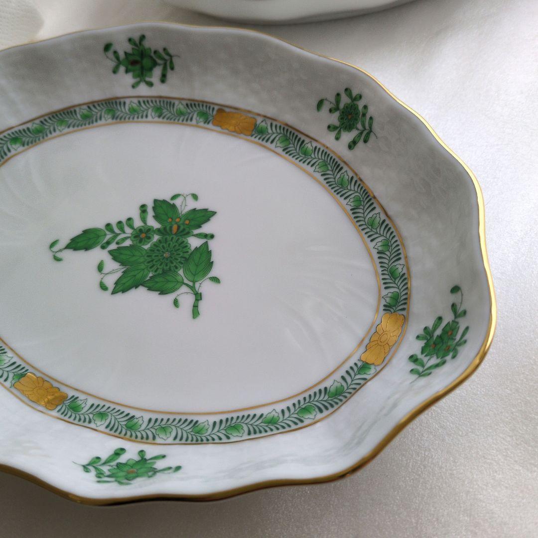 美品ヘレンド アポニーグリーン オーバル プレート2枚組　ペーパーナプキン付き