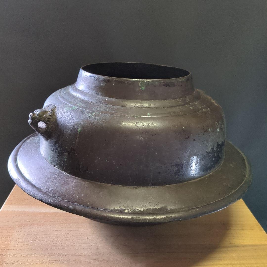 金属製 茶釜 獅子の頭部装飾