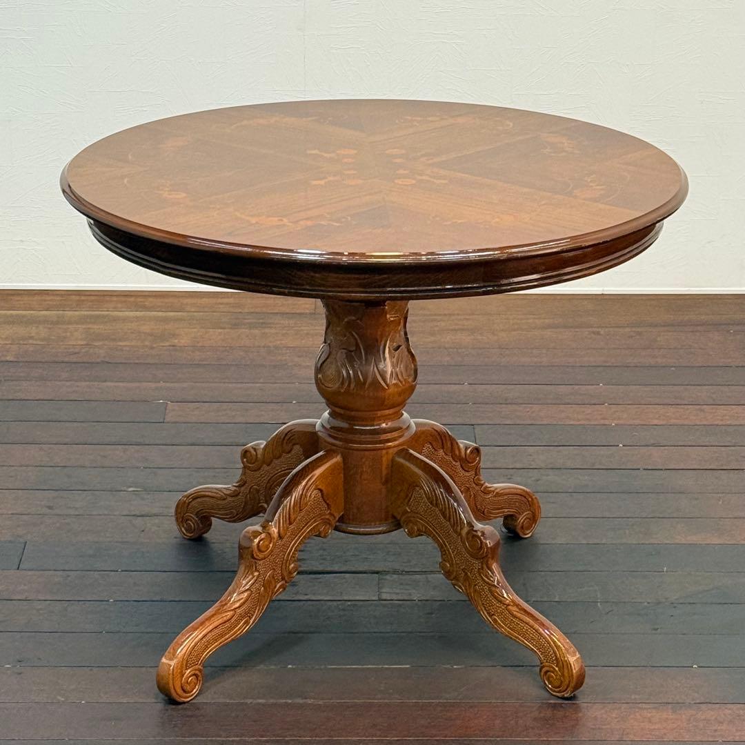 H21K13a イタリア製 象嵌細工 猫脚 ラウンドテーブル