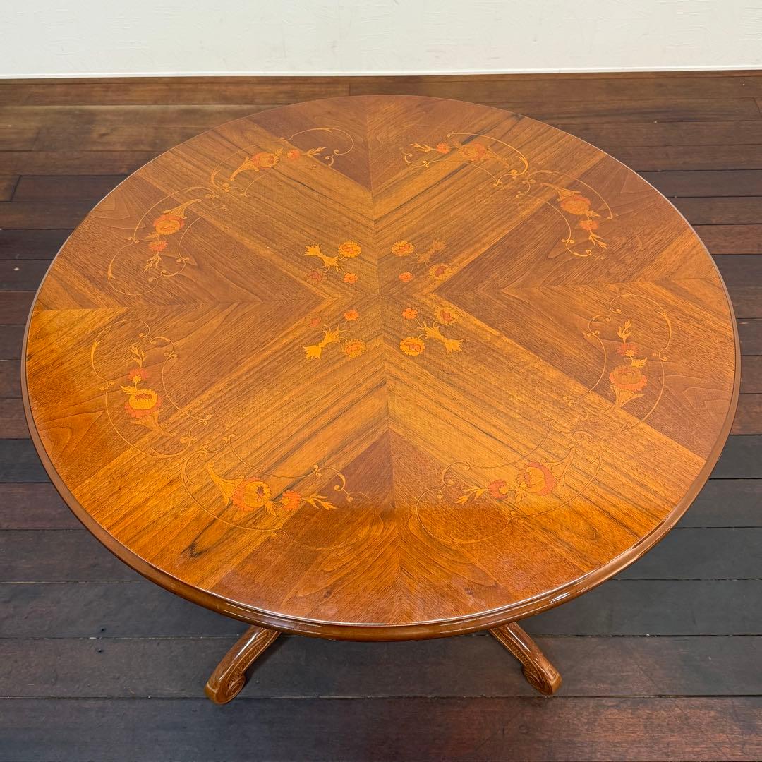 H21K13a イタリア製 象嵌細工 猫脚 ラウンドテーブル