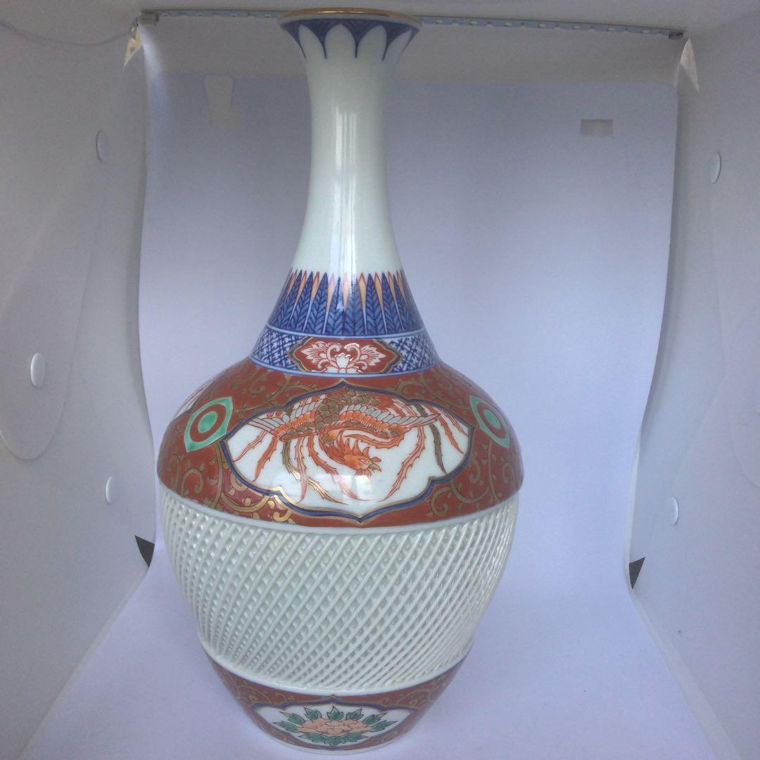 【HMZ120】有田焼　桃司作　花瓶　赤　透かし網目　長期保管品