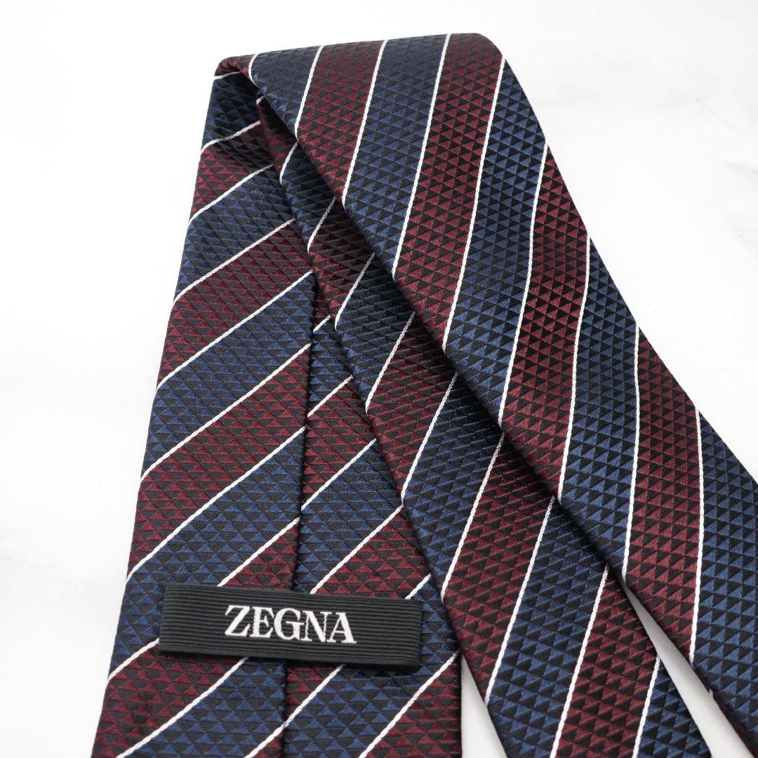 未使用 ゼニア ZEGNA ネクタイ ストライプ ネイビー バーガンディ