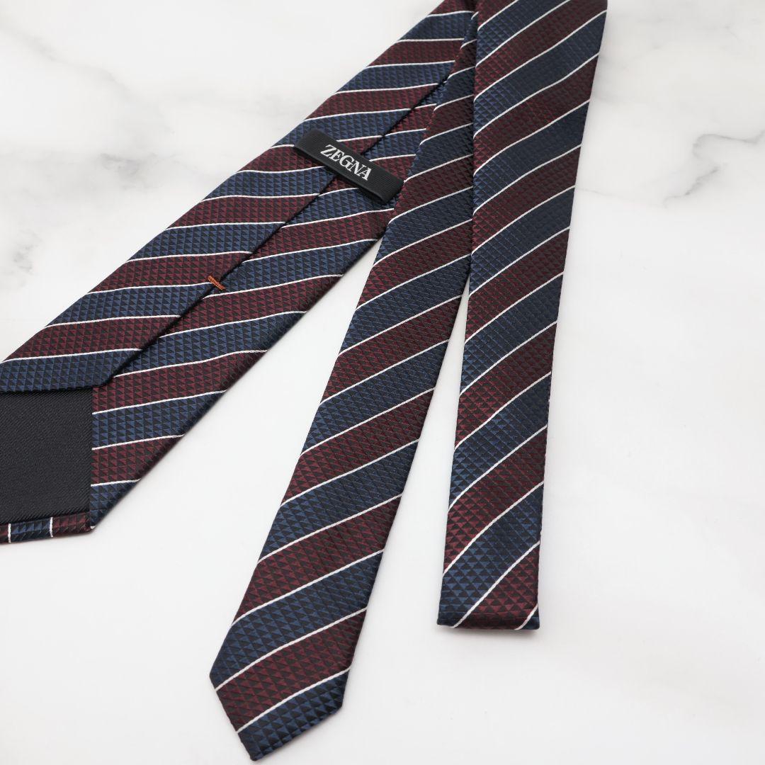 未使用 ゼニア ZEGNA ネクタイ ストライプ ネイビー バーガンディ