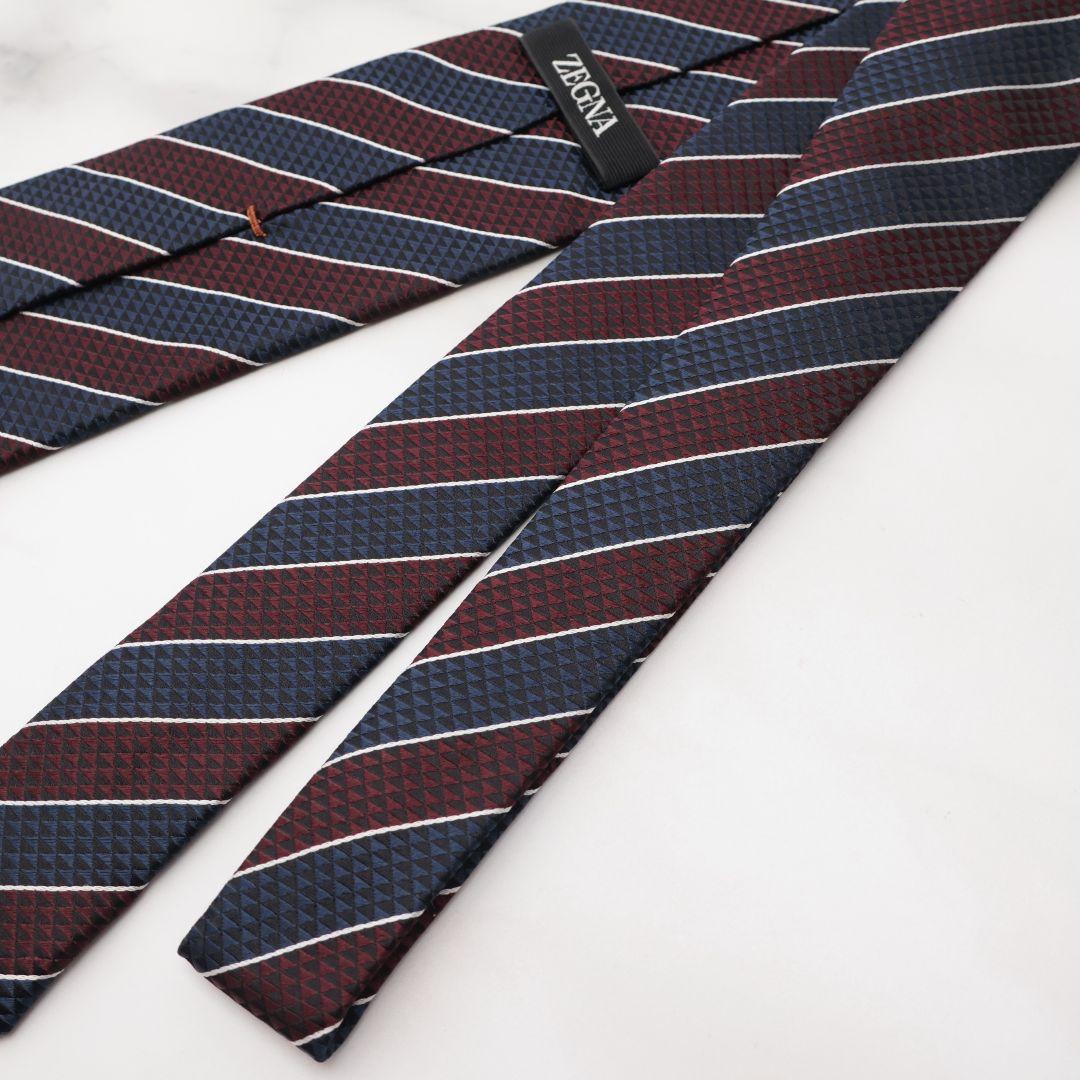 未使用 ゼニア ZEGNA ネクタイ ストライプ ネイビー バーガンディ