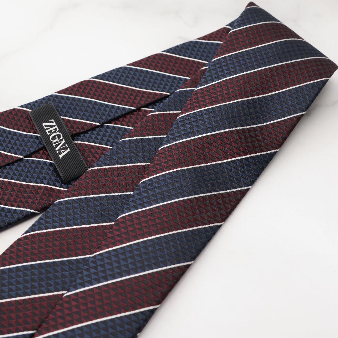 未使用 ゼニア ZEGNA ネクタイ ストライプ ネイビー バーガンディ