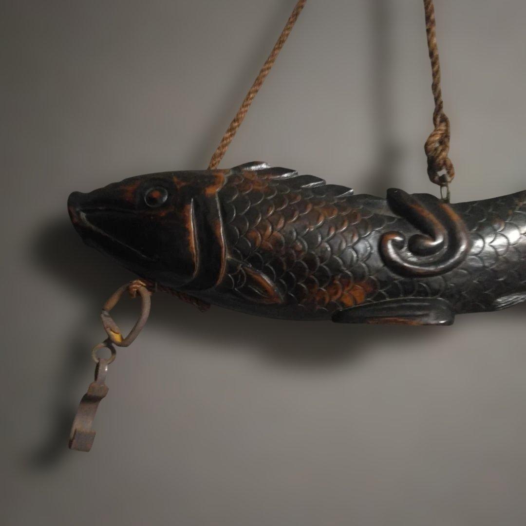 時代物 木製／自在鉤 魚 鯉 横木 全長47cm 囲炉裏 古民芸