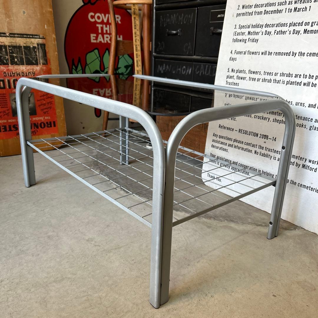 昭和レトロ 80's 強化ガラス天板 ローテーブル グレー インダストリアル