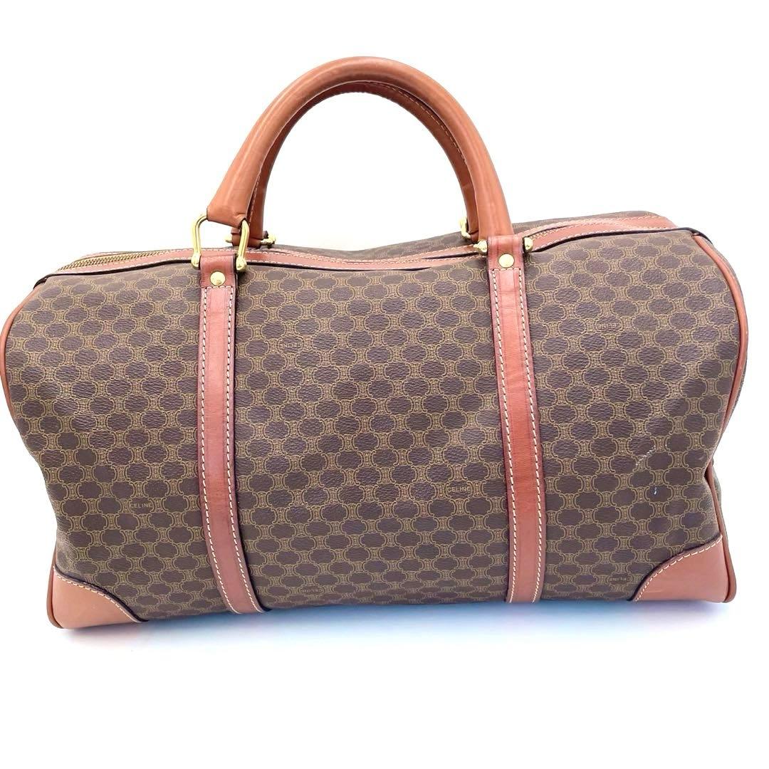【美品】CELINEマカダム柄 ボストンバッグ PVC×レザー ダークブラウン