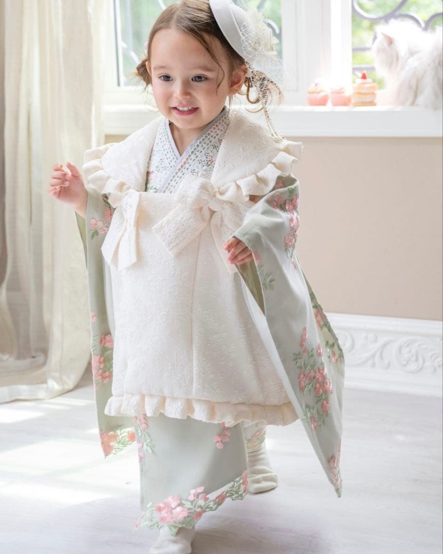 七五三 着物 3歳 フラワーレース着物ワンピ＆被布セット