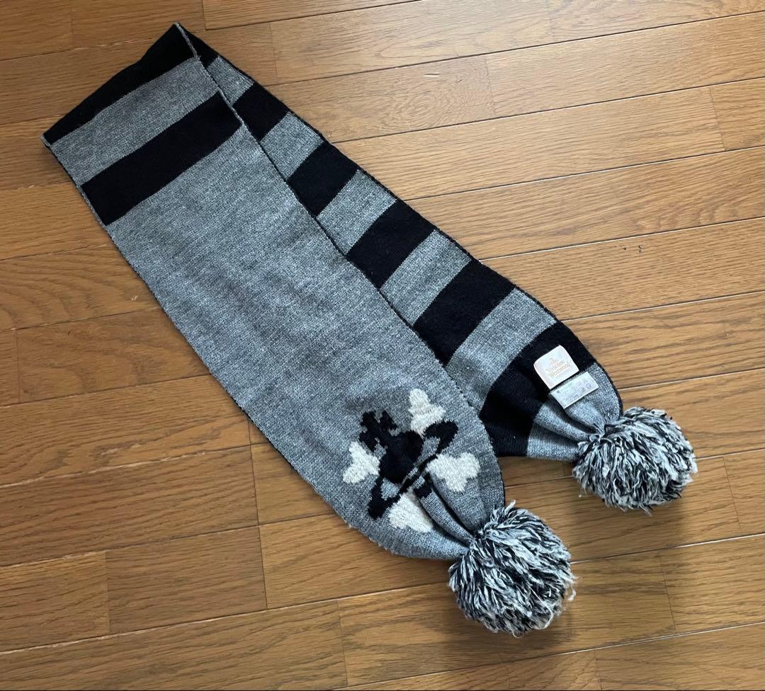 ヴィヴィアンウエストウッド　ポンポンニットマフラー　グレー×ブラック