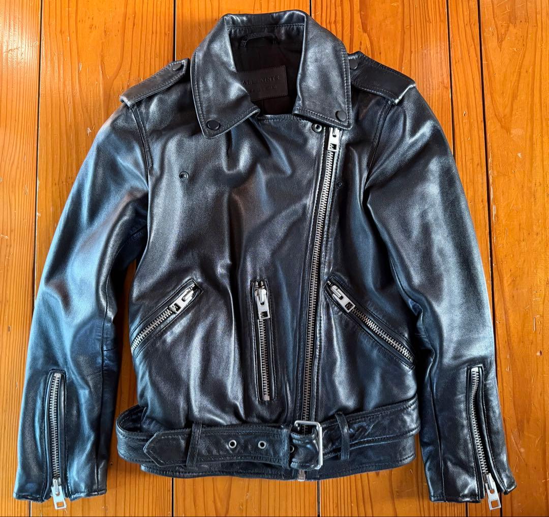 ブラックレザー ダブルライダースジャケット　all saints