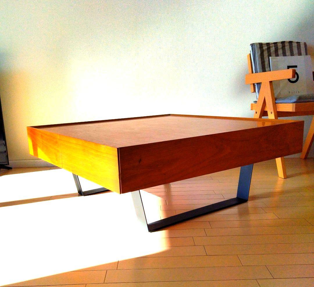 センターテーブル　ローテーブル　木製　アイアン脚　正方形　引出し収納