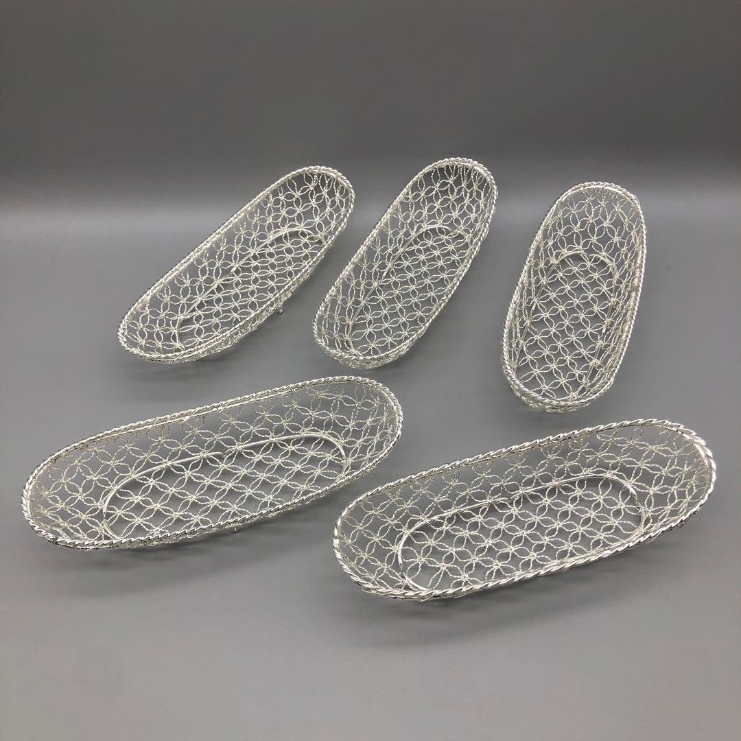 新品箱付 銀座和光WAKO銀細工おしぼりトレイかご編みシルバー銀加工5枚セット