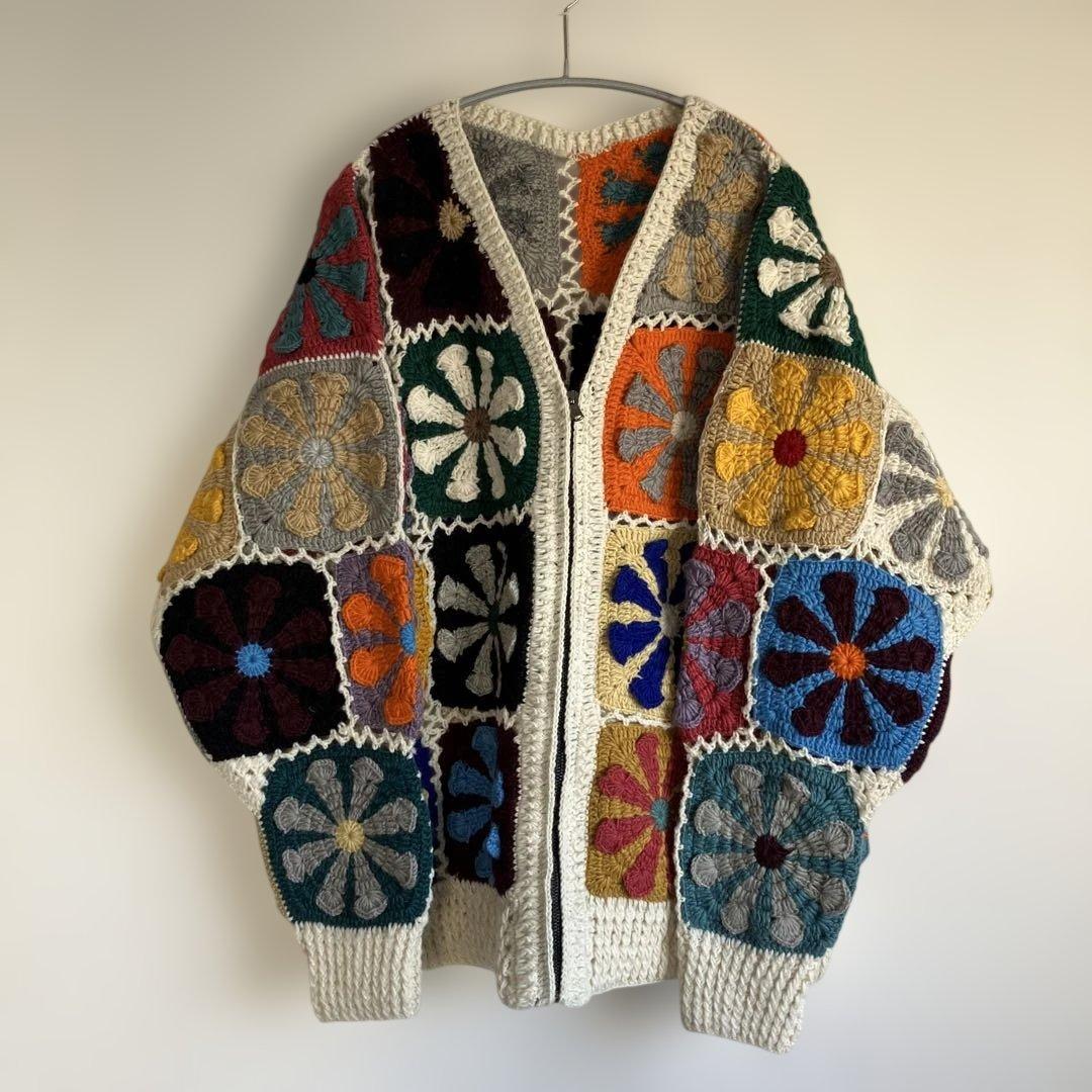 マクマホンニッティングミルズ クロシェ編み Vネック ウール カーディガン