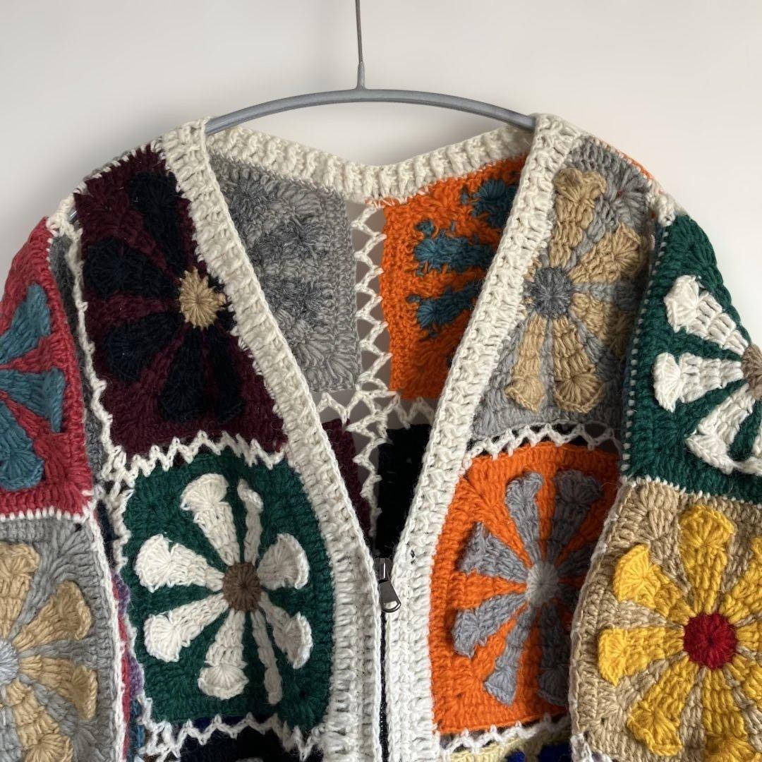 マクマホンニッティングミルズ クロシェ編み Vネック ウール カーディガン