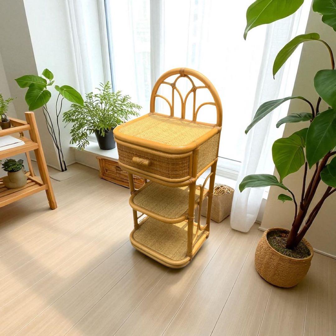 ラタン 籐 電話台 キャビネット 昭和レトロ