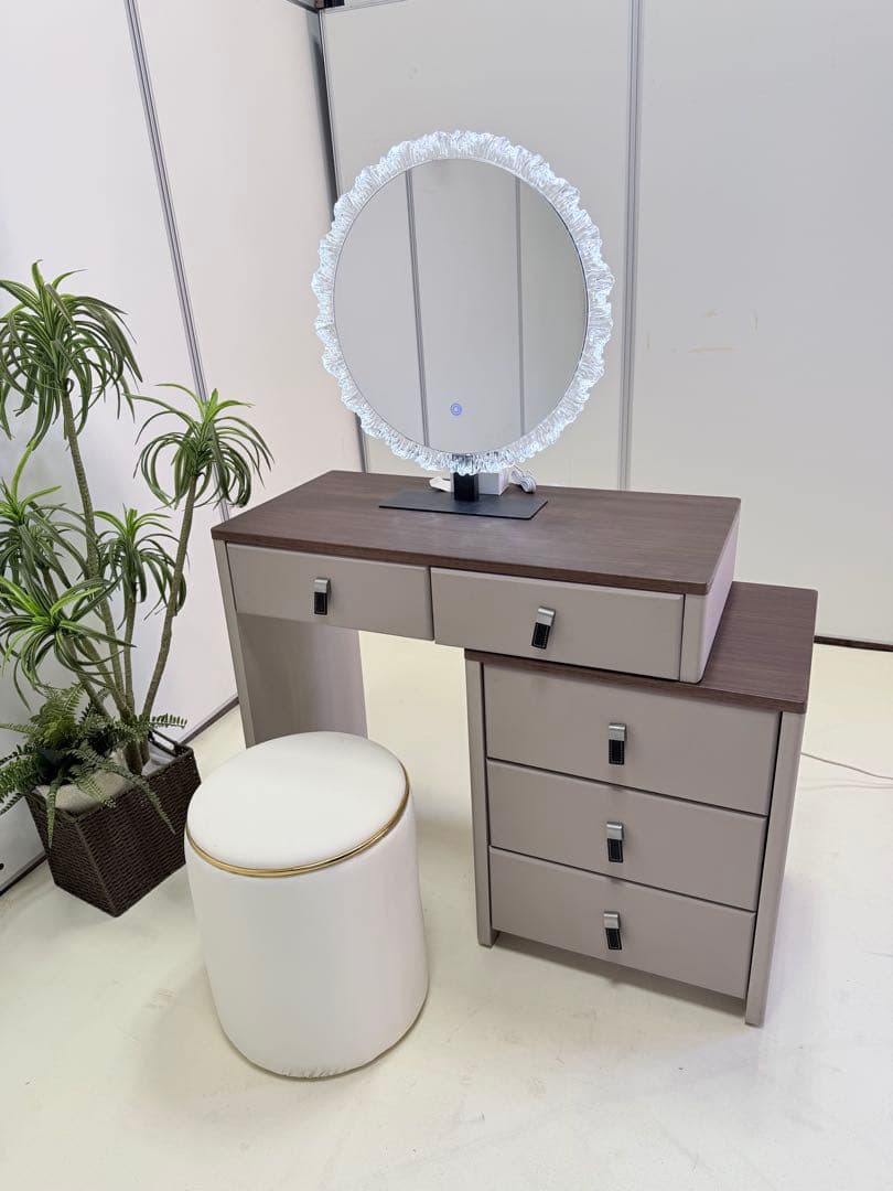 鏡台 ドレッサー おしゃれ 北欧風｜LEDライト付きミラー＆スツールセット伸縮式