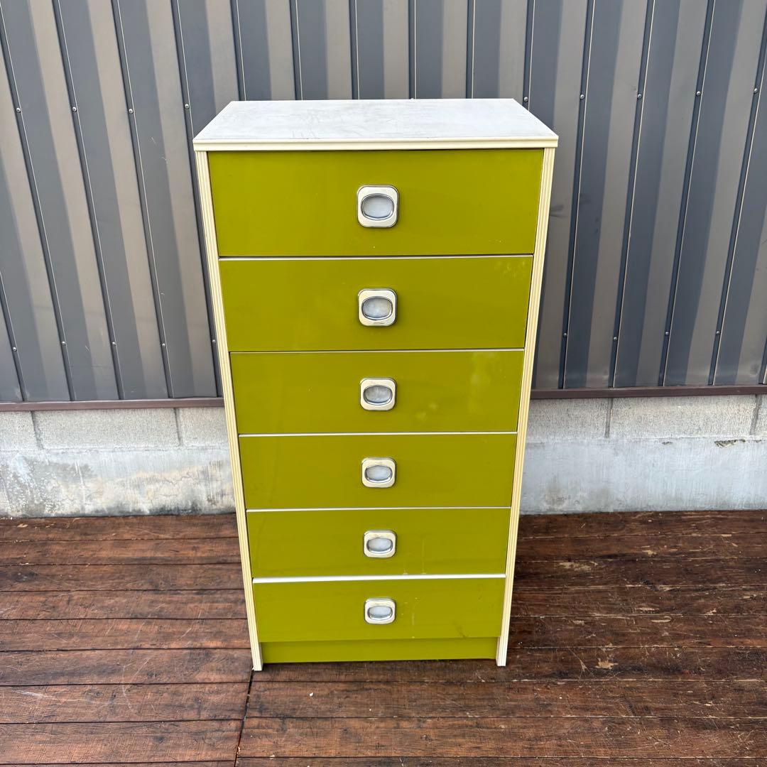 昭和レトロ レトロポップ 木製チェスト 丸型取っ手金具 6段 オリーブグリーン