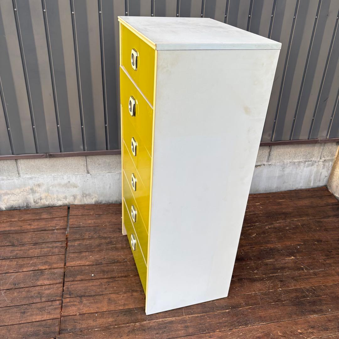 昭和レトロ レトロポップ 木製チェスト 丸型取っ手金具 6段 オリーブグリーン