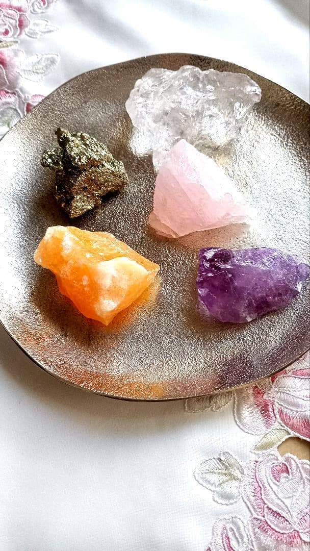 石材店購入 天然石 原石 5点セット（水晶・アメジスト・ローズクォーツ 他）
