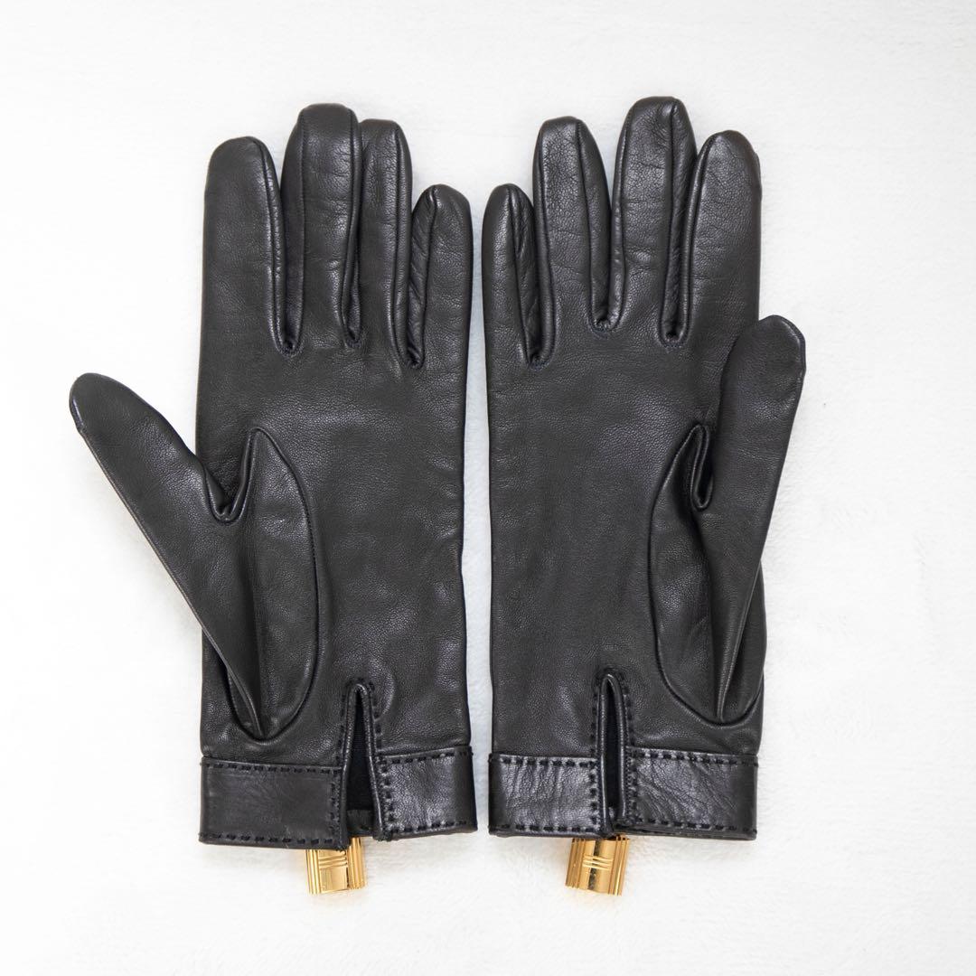 HERMES ブラックレザー手袋 ゴールド金具付き